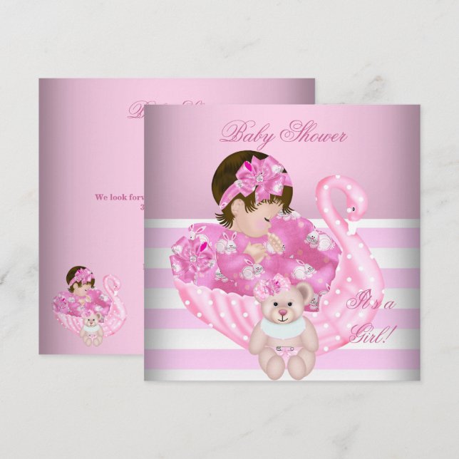 Convites Bebê Menina Chuveiro Bebê Rosa Branco Cisne (Frente/Verso)