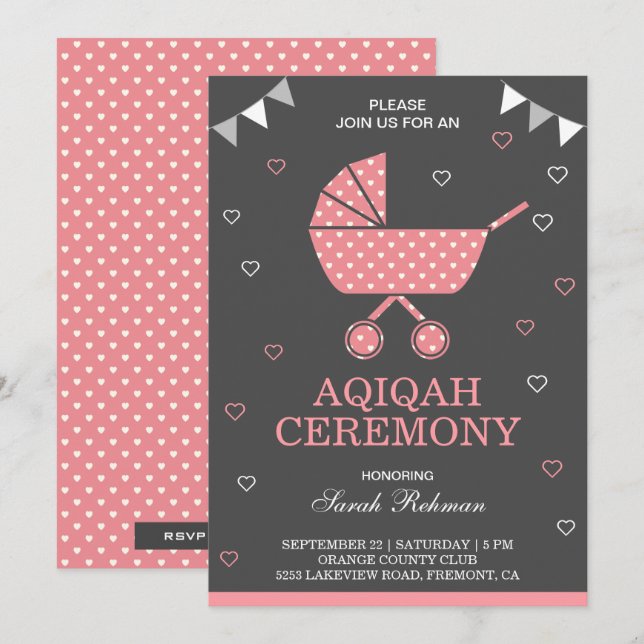 Convites Bebê Menina de Carrinho Rosa Fofo Aqiqah (Frente/Verso)