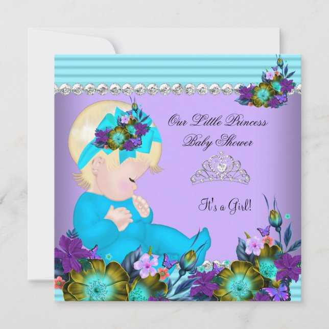 Convites Bebê Menina de Chuveirinho Fofa Azul Turquesa Roxo (Frente)