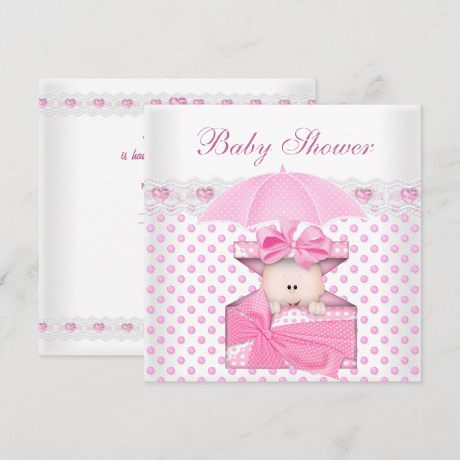 Convites Bebê Menina de Chuveiro de Bebê Fofo Branco Rosa B (Frente/Verso)