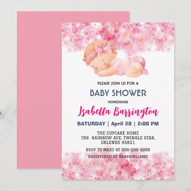 Convites Bebê menina fofa rosa flores de margarida baby sho (Frente/Verso)