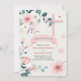 Convites Bebê Menina Pêssego Blossomas e Teal Christening