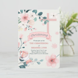 Convites Bebê Menina Pêssego Blossomas e Teal Christening