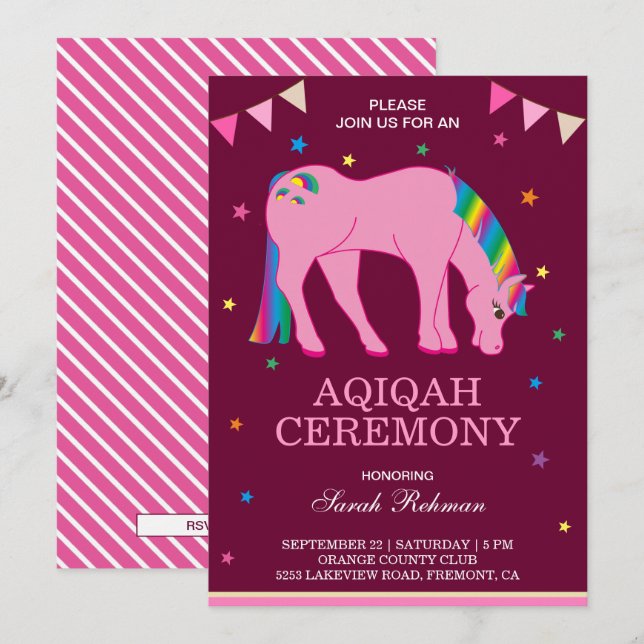 Convites Bebê Menina Pônei Arco-Íris Aqiqah (Frente/Verso)