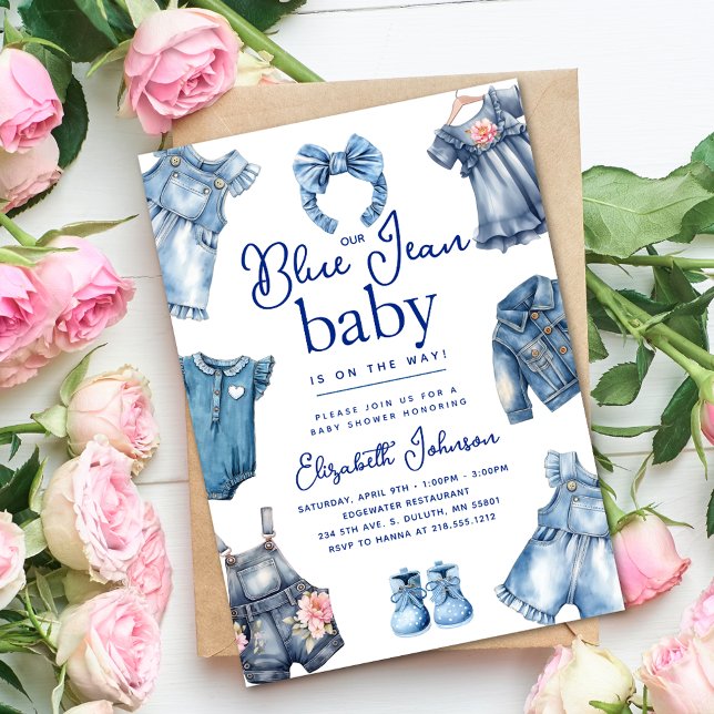 Convites Bebê Menina Tema Denim Baby Jeans Azul Moderno Chá (Modern Blue Jean Baby Denim Theme Girl Baby Shower Invitation)
