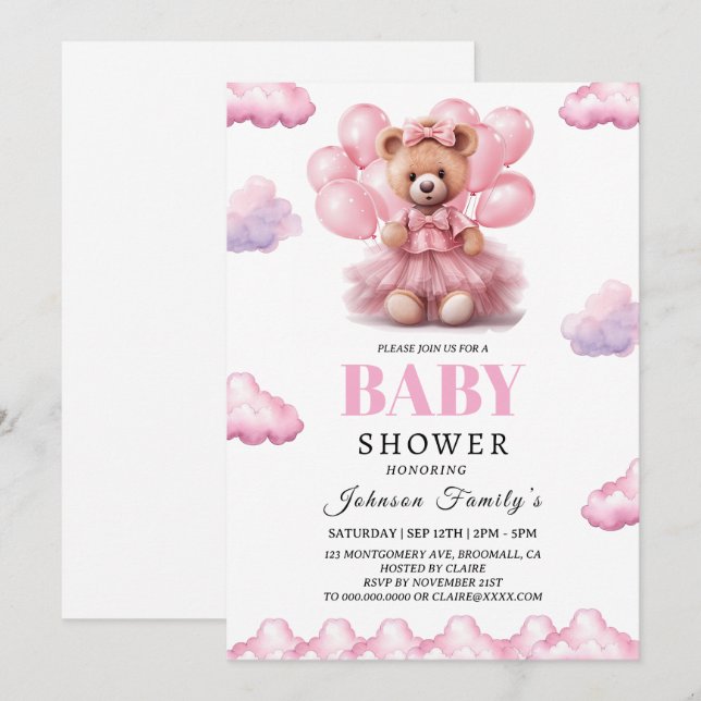 Convites Bebê menina ursinho boêmio rosa Chá de bebê (Frente/Verso)
