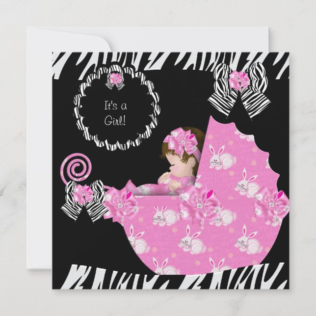 Convites Bebê Menina Zebra Chuveiro Bebê Rosa Carrinho de B (Frente)