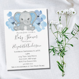 Convites Bebê Menino Azul Elefante Chuveiro de Bebê Flores 