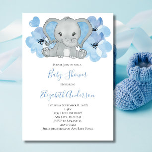 Convites Bebê Menino Azul Elefante Chuveiro de Bebê Flores