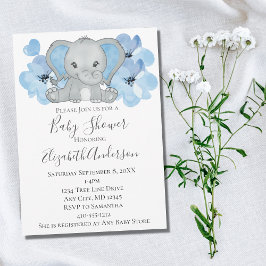 Convites Bebê Menino Azul Elefante Chuveiro de Bebê Flores 