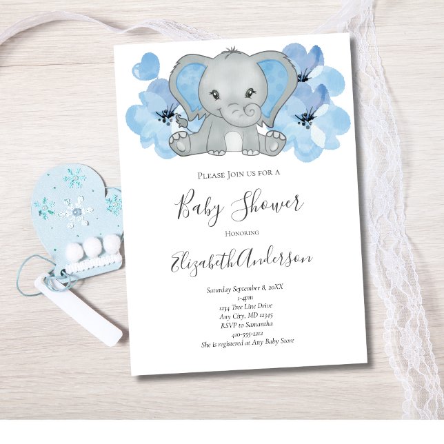 Convites Bebê Menino Azul Elefante Chuveiro de Bebê Flores  (Blue and Gray Elephant Baby Boy Baby Shower Invitation)