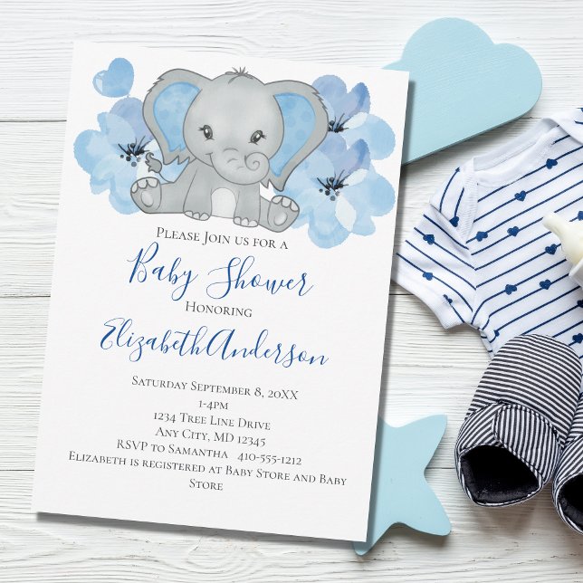 Convites Bebê Menino Azul Elefante Chuveiro de Bebê Flores  (Criador carregado)