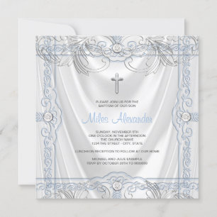 Convites Bebê Menino Azul Prata Batizado Cetim Branco