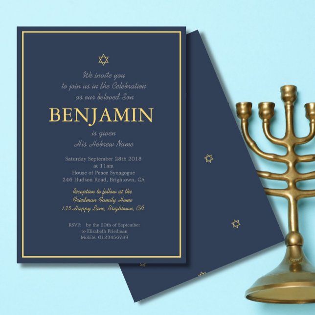 Convites Bebê Menino Cerimônia de Nomeação Hebraico Azul Am (Criador carregado)