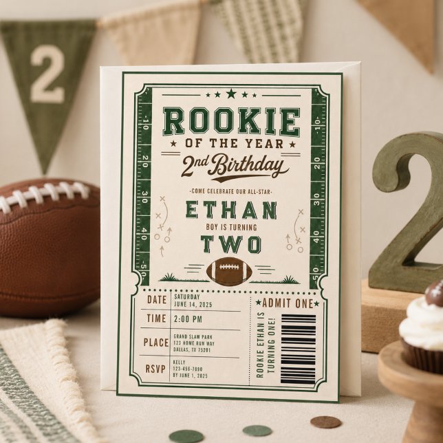 Convites Bebê menino de 2 anos de idade fazendo aniversário (Vintage Football Rookie 2nd Birthday baby boy Invitation
)