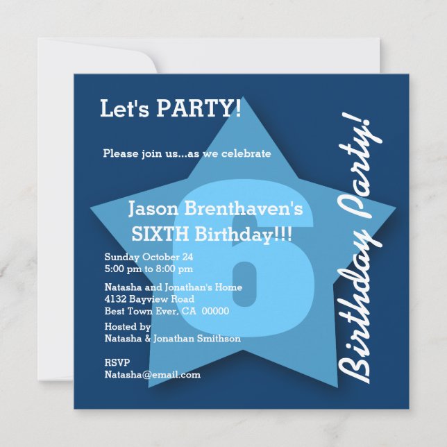 Convites Bebê Menino de 6 Anos de Idade Estrela Azul Grande (Frente)