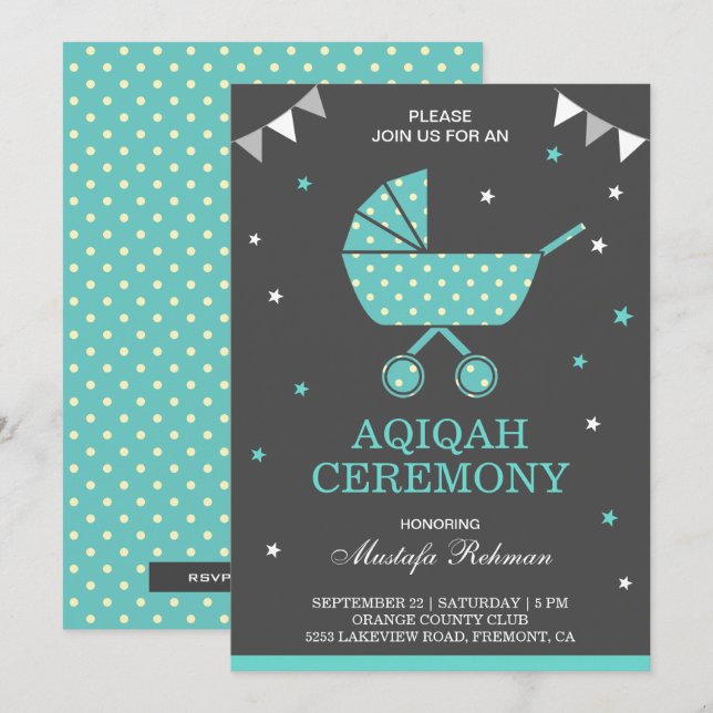 Convites Bebê Menino de Aqiqah Carrinho Azul Turquesa Fofo (Frente/Verso)