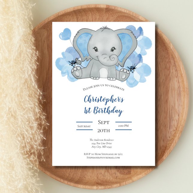 Convites Bebê Menino Elefante Flores Balões Aniversário  (Blue Gray Elephant Flowers Balloons Baby 1st Birthday Invitation, Printed or Digital Download)
