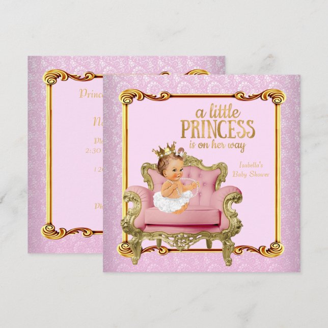 Convites Bebê Morena Princesa Baby Shower Rosa Dourado Cade (Frente/Verso)