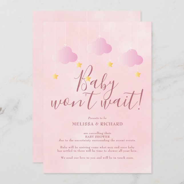 Convites Bebê não espera Chá de fraldas rosa (Frente/Verso)