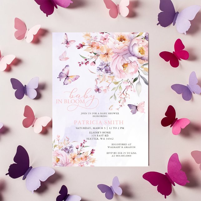 Convites Bebê no Blogue Borboletas Púrpuras Chá de fraldas (Baby in Bloom Pink Purple Butterflies Baby Shower Invitation)