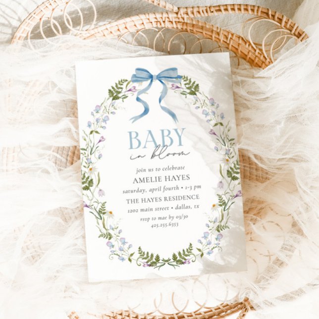 Convites Bebê no Bloom Blue Primavera Floral Chá de fraldas (Criador carregado)
