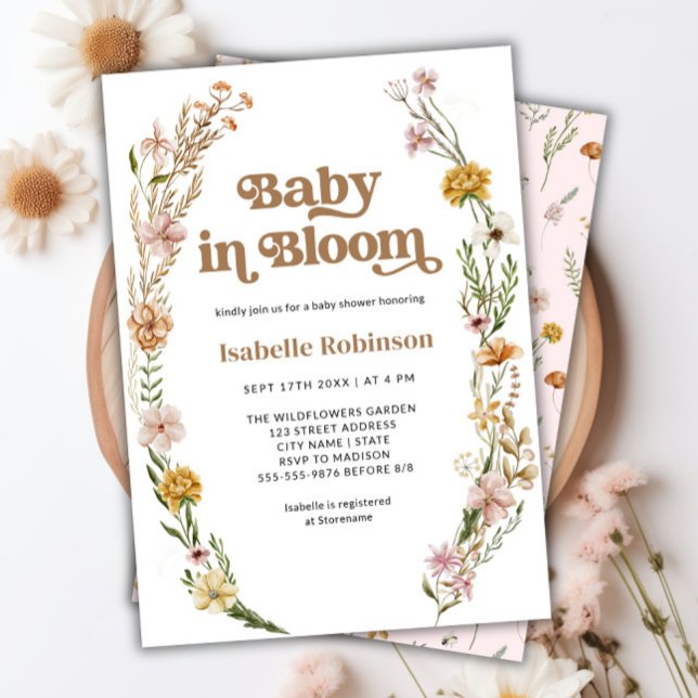Convites Bebê no Bloom Boho Chic Floral Chá de fraldas Rosa (Baby in Bloom Boho Chic Floral Pink Baby Shower Invitation)