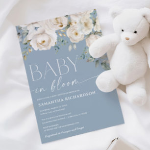 Convites Bebê no Bloom chá branco-floral azul empoeirado