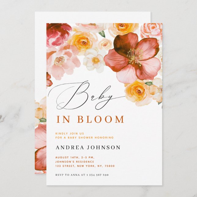 Convites Bebê no Bloom Chic Autumn Flowers Chá de fraldas (Frente/Verso)