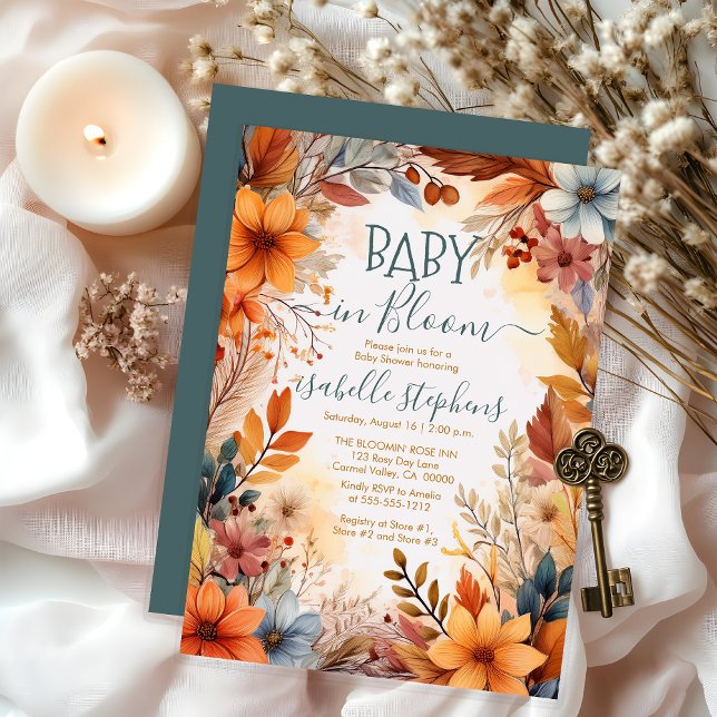 Convites Bebê no Bloom Fall Floral Frame Chá de fraldas (Boho Baby in Bloom Fall Floral Frame Baby Shower Invitation - Dusky Teal Blue - Print | Digital )