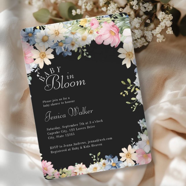 Convites BEBÊ NO BLOOM! Flor selvagem, Chá de fraldas (BABY IN BLOOM! Wildflower, Watercolor, White + Pastel, Baby Shower Invitation.)