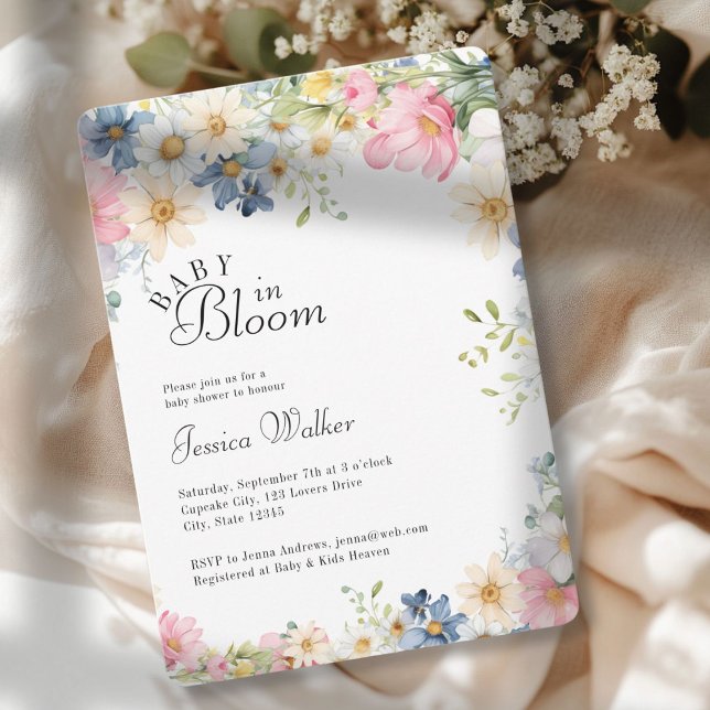 Convites BEBÊ NO BLOOM! Flor selvagem, Chá de fraldas (BABY IN BLOOM! Wildflower, Watercolor, White + Pastel, Baby Shower Invitation.)