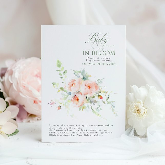 Convites Bebê No Bloom Floral Elegante Chá de fraldas (Pink Floral Baby In Bloom Baby Shower Invitation)