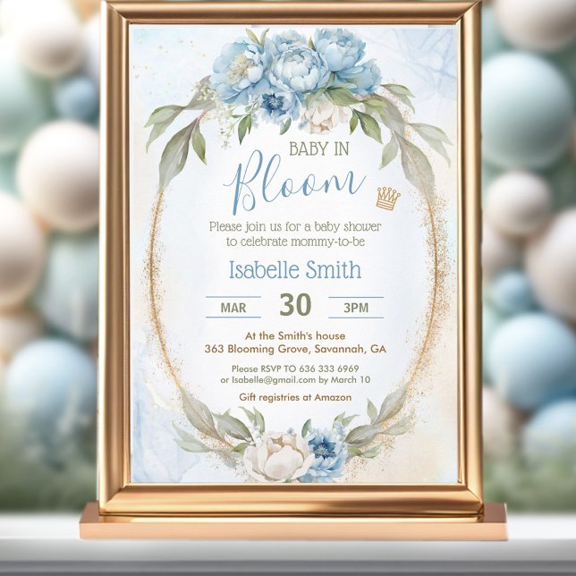 Convites Bebê No Bloom Floral Elegante Chá de fraldas Azul (Baby In Bloom Floral Elegant Blue Boy Baby Shower Invitation)