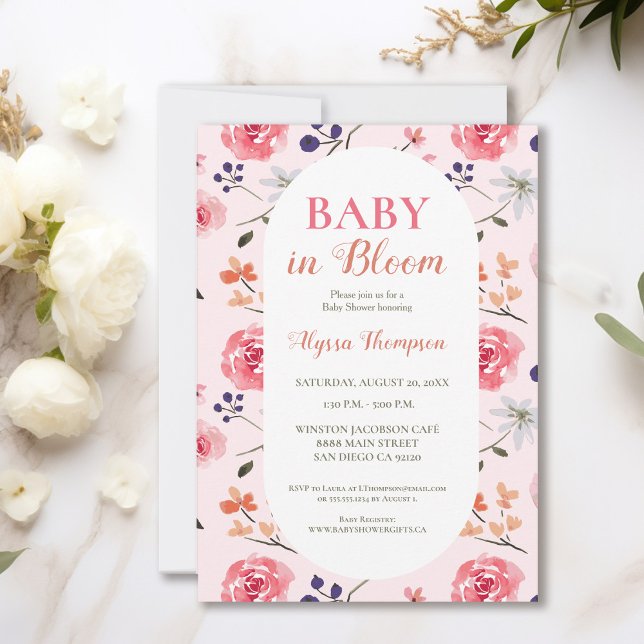 Convites Bebê No Bloom Floral Rosa Chá de fraldas Personali (Elegant Baby in bloom watercolor floral pink baby shower invitation)