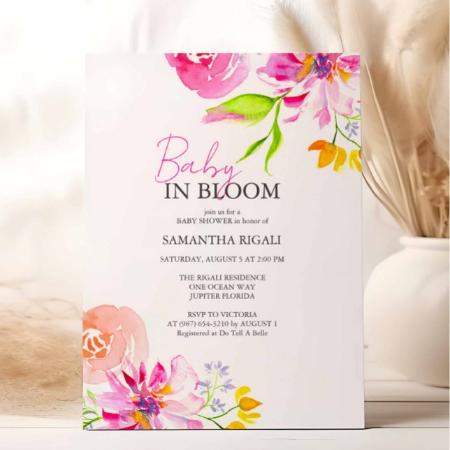 Convites Bebê No Bloom Floral Watercolor Chá (Pink floral baby shower invitation features unique watercolor art by Victoria Grigaliunas)