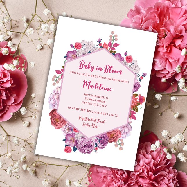 Convites Bebê No Bloom Floral Wreath Girl Chá de fraldas (baby in bloom baby shower invitation pink floral wreath elegant flowers)