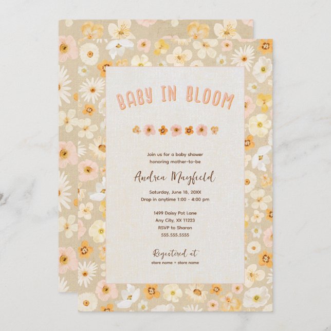 Convites Bebê no Bloom Flores Prensadas chá de fraldas (Frente/Verso)