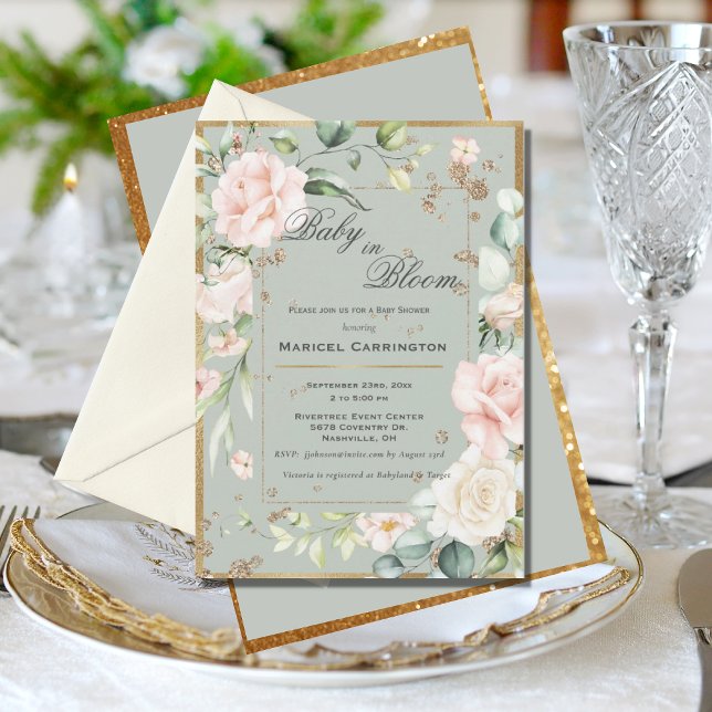 Convites Bebê no Bloom Green Floral Elegante Chá de fraldas (Criador carregado)