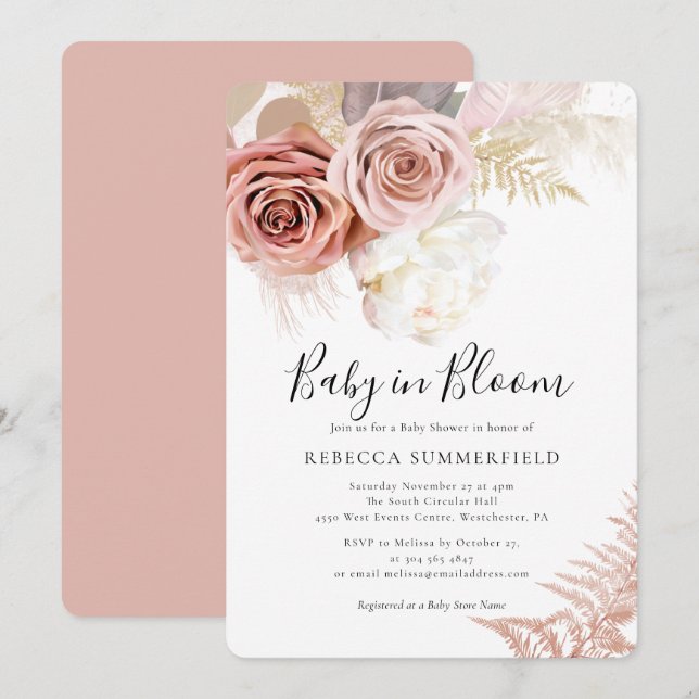 Convites Bebê no Bloom Pampas Grass Boho Chá (Frente/Verso)