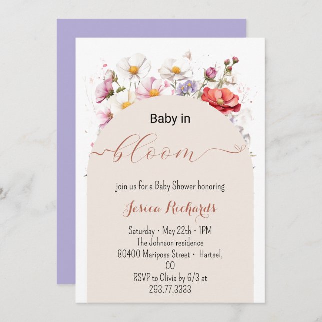 Convites Bebê no Bloom Primavera Verão Chá de fraldas Flora (Frente/Verso)