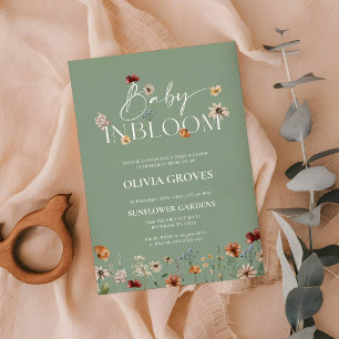 Convites Bebê no Bloom Sage Chá de fraldas Verde de Flor Se