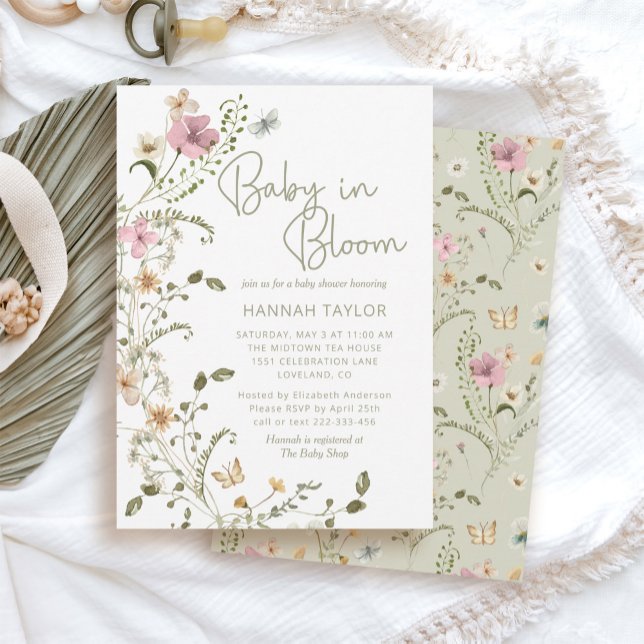 Convites Bebê no Bloom Sage Green Floral Girl Chá de fralda (baby in bloom spring baby shower invitations)