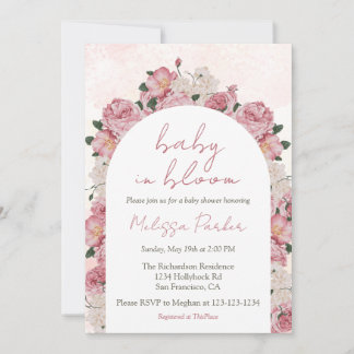Convites Bebê no Bloom Script de Chá de fraldas Floral Rosa