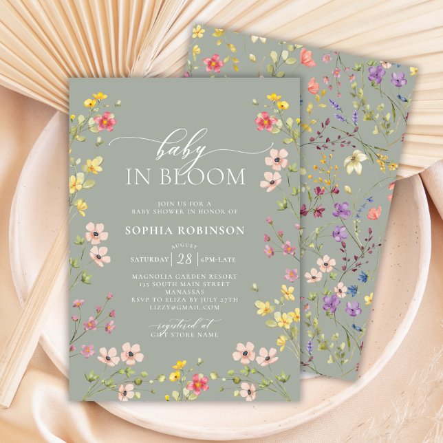 Convites Bebê no Bloom Wildflower Boho Green Chá de fraldas (Criador carregado)