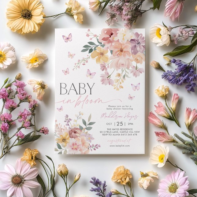 Convites Bebê no Bloombrinho Borboleta Floral Chá de fralda (Baby in Bloom Butterfly Floral Baby Shower Invitation in peach, purple and pink)