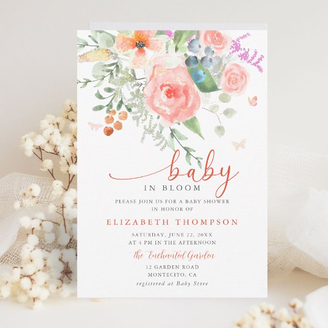 Convites Bebê no BloomHappy Garden Floral Chá de fraldas (baby in bloom colorful floral elegant modern calligraphy garden party backyard summer spring fall)