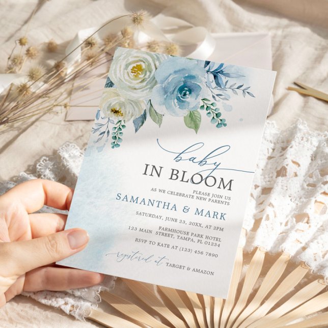 Convites Bebê no Blosty Rosa Azul Chá de fraldas Floral (Criador carregado)