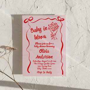 Convites Bebê no Chá de Buquê de Flor Vermelho Cor-de-Rosa 