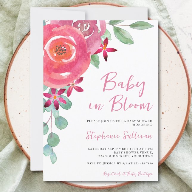 Convites Bebê no Chá de fraldas da Bloom Floral Girl (Criador carregado)